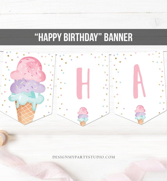 Happy Birthday Banner Pink Ice Cream Birthday Banner Ice Cream Party Girl Birthday Decorations Instant download PRINTABLE DIGITAL DIY 0243 Il_570xn