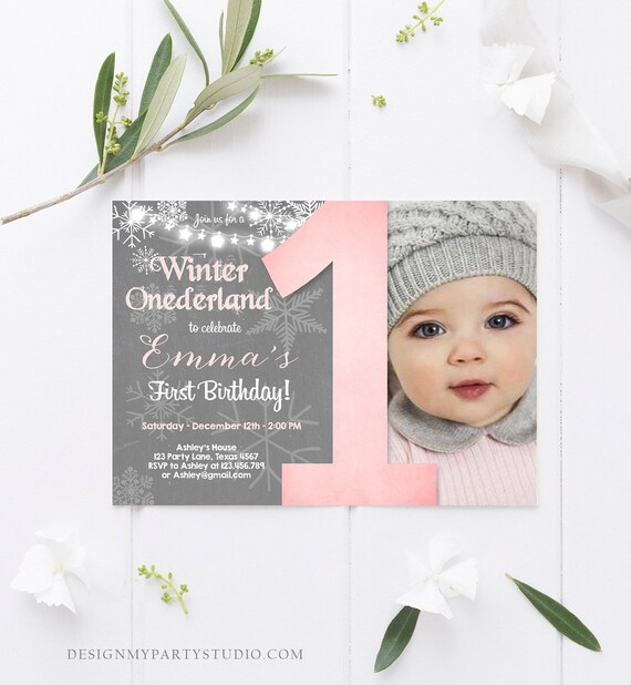 Editable Winter ONEderland Birthday Invitation First Birthday Snowflake Girl Pink Grey Snow Download Printable Invite Template Corjl 0027 Il_570xn