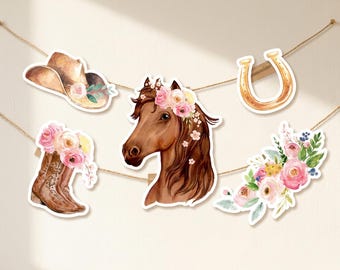 Horse Banner, Cowgirl Birthday Centerpieces, Watercolor Pony Party Decor, Printable Digital Download Cake Topper 0408