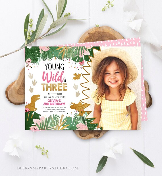 Editable Young Wild and Three Birthday Invitation Dinosaur Dino Party Girl 3rd Third Birthday Pink Gold Photo Corjl Template Printable 0146 Il_570xn