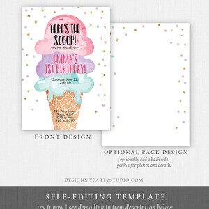 Editable Ice Cream Birthday Invitation First Birthday Party Here's the Scoop Cone Pink Mint Gold Purple Printable Template Corjl 0243 image 5