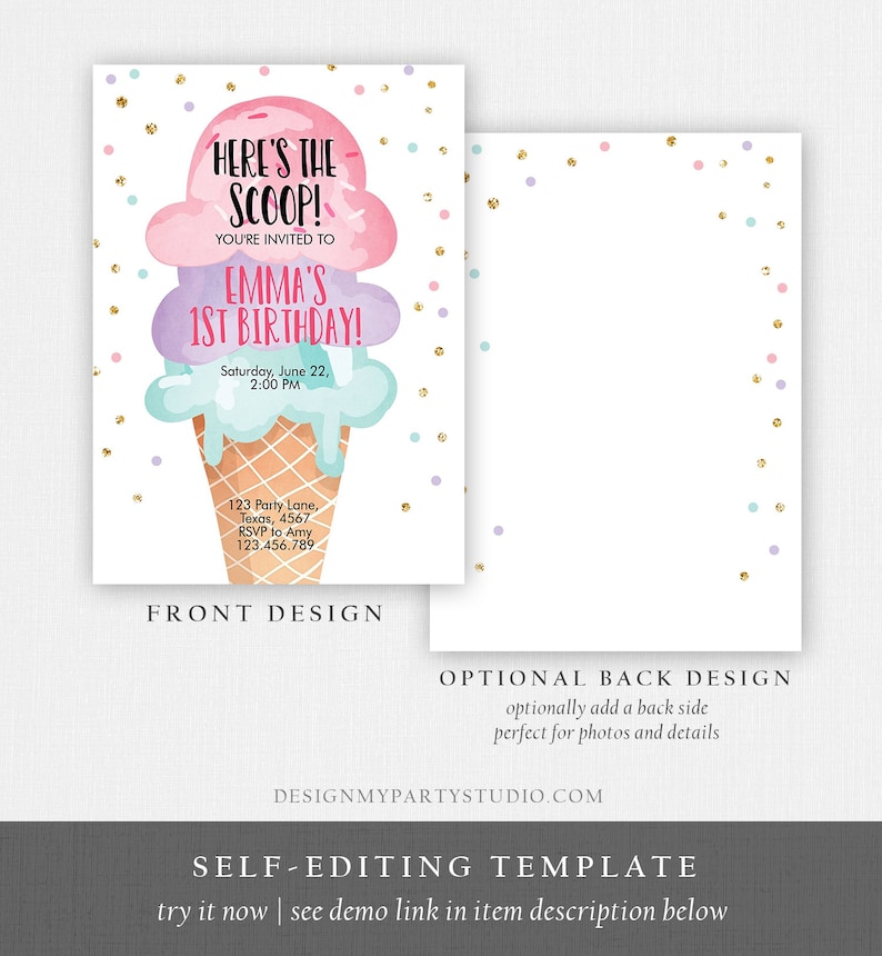 Editable Ice Cream Birthday Invitation First Birthday Party Here's the Scoop Cone Pink Mint Gold Purple Printable Template Corjl 0243 image 5