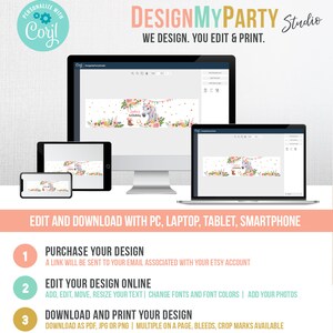 May include: A digital design template for a birthday banner featuring a cartoon unicorn with a pink saddle and a floral garland. The banner is decorated with pink, white, and gold flowers and confetti. The text on the banner reads "Happy Birthday". The image shows a computer screen, laptop, tablet, and smartphone displaying the banner design. The text "DesignMyParty Studio" is at the top of the image.