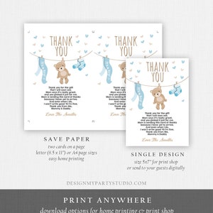 May include: Two blue and beige baby shower thank you cards with a teddy bear, socks, and a blue ribbon that says "It's a Boy!" The text on the card reads "Thank you for the gift that I will soon see. Mom says it's really great, and you picked it just for me. Mom is sending this card of thanks because I have yet to arrive. And even when I do, I won't write good 'til I'm five. Thank you from Me, Mommy & Daddy Love The Smiths"