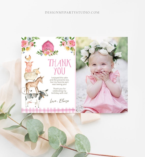 Editable Farm Animals Thank you Card Pink Farm Birthday Girl Barnyard Thank You Card Birthday Template Instant Download Templett 0155 Il_570xn