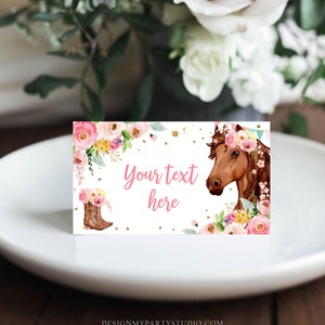 Editable Horse Birthday Food Tent Cards Horse Labels Cowgirl Party Place Cards Girl Pink Floral Pony Saddle Up Printable Template Corjl 0408 image 3