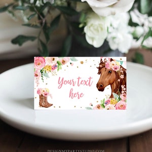 May include: Pink and yellow floral design with a brown horse head wearing a pink flower crown. The text "Your text here" is in pink letters.  This is a printable party favour tag.