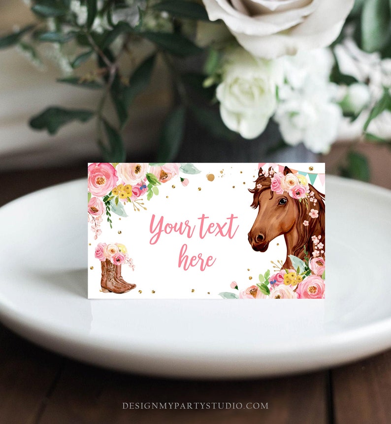 Editable Horse Birthday Food Tent Cards Horse Labels Cowgirl Party Place Cards Girl Pink Floral Pony Saddle Up Printable Template Corjl 0408 image 3