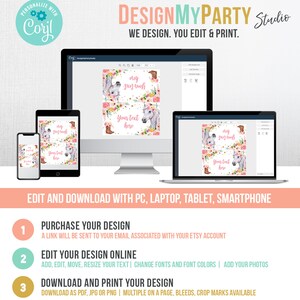 May include: A computer screen shows a pink and white printable design with a horse and flowers. The text "May your trail be smooth" and "Your text here" is on the design. The text "Edit and Download with PC, Laptop, Tablet, Smartphone" is below the screen.