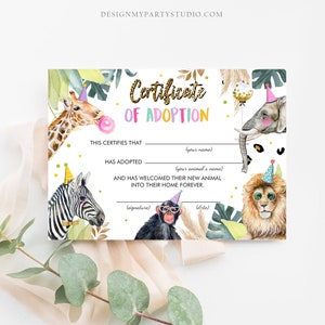 May include: A printable certificate of adoption with a jungle theme. The certificate has a colorful design with a giraffe, zebra, lion, elephant, and monkey. The text reads "Certificate of Adoption" and includes spaces to fill in the name of the adopter and the adopted animal.