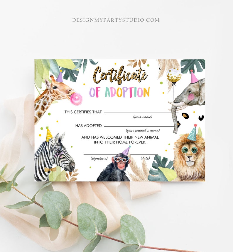 May include: A printable certificate of adoption with a jungle theme. The certificate has a colorful design with a giraffe, zebra, lion, elephant, and monkey. The text reads "Certificate of Adoption" and includes spaces to fill in the name of the adopter and the adopted animal.
