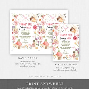May include: Thank you cards featuring a fairy with pink wings and flowers. The text reads "Thank you fairy much" and includes a personalized message. The cards are designed for easy home printing or can be printed at a print shop.