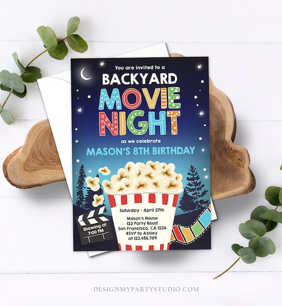 Editable Backyard Movie Night Birthday Invitation Boy Outdoor Movie Under The Stars Cinema Popcorn Sleepover Party Corjl Template 0367 Il_570xn
