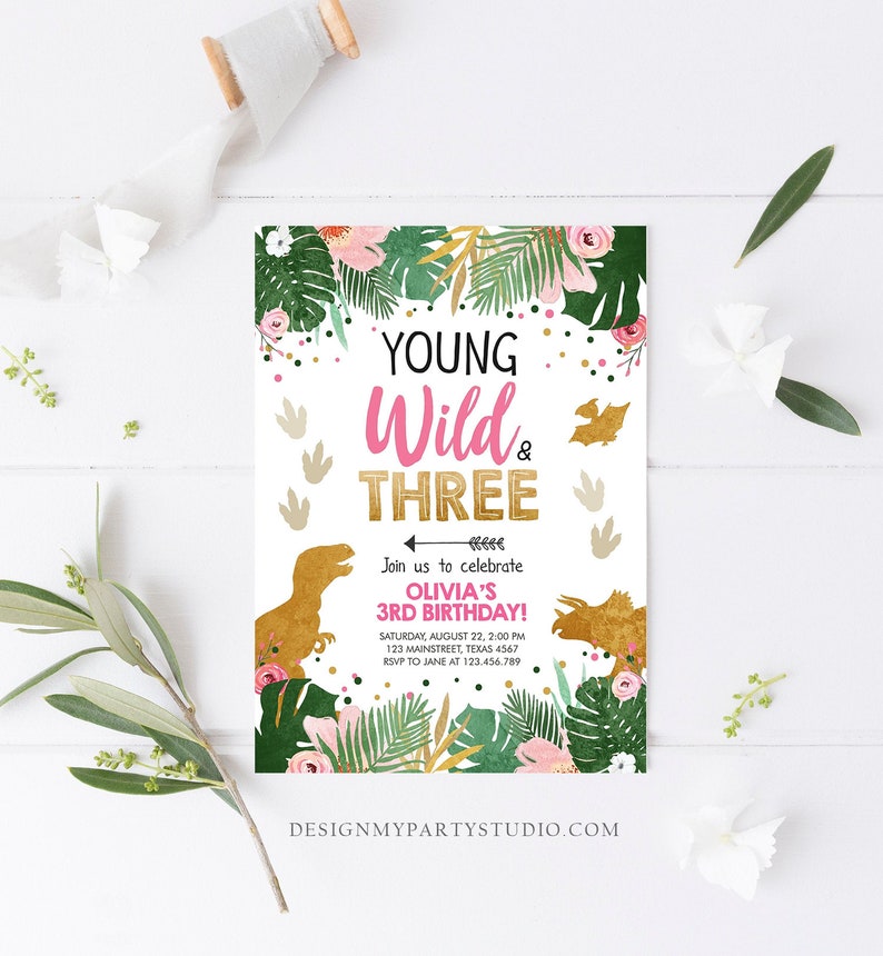 Editable Young Wild and Three Dinosaur Birthday Invitation Etsy