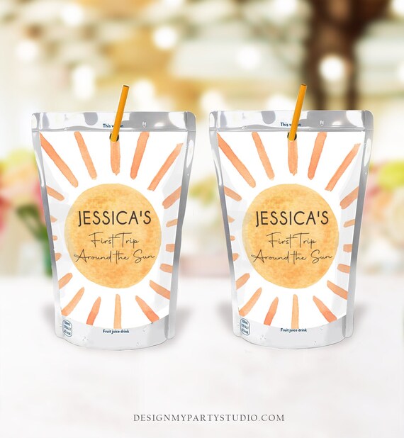 Editable Sunshine Capri Sun Labels Juice Pouch Labels Watercolor Birthday Party First Trip Around the Sun Corjl Template Printable 0431 Il_570xn