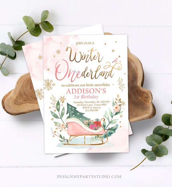 Editable Winter Onederland Invitation 1st Birthday Girl Blush Pink Gold Christmas Sleigh Little Snowflake Floral Printable Template DIY 0353 Il_570xn