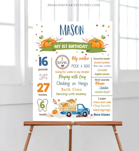 Editable Pumpkin Birthday Milestones Sign Pumpkin Truck Birthday First Birthday Boy Fall Blue Autumn Download Corjl Template Printable 0153 Il_570xn