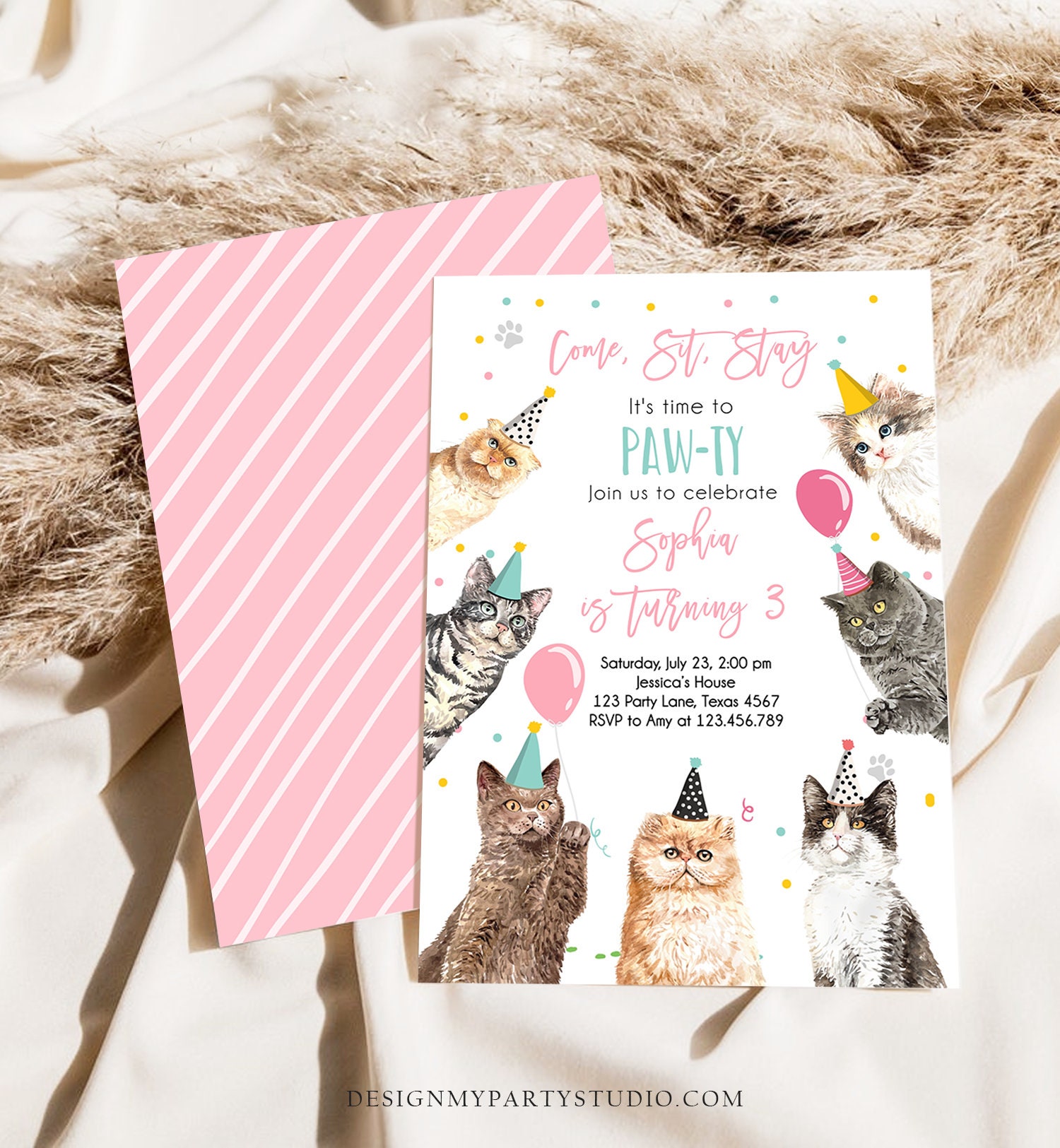 12 Biglietti D'invito Per Compleanno Bambina, Tema Gatti, Formato A6 Con Busta, Stampa UV, Made In Germany
