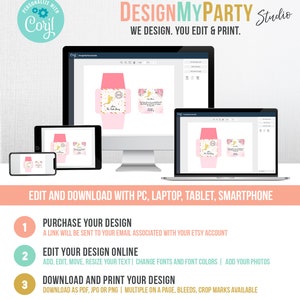 K&ouml;nnte beinhalten: Eine rosa und goldene druckbare Umschlagvorlage mit einem Feendesign. Die Vorlage ist f&uuml;r eine Geburtstagsparty und enth&auml;lt den Text "Save the Date". Das Bild zeigt einen Computerbildschirm mit der ge&ouml;ffneten Vorlage in einem Designprogramm. Der Text "Edit and Download with PC, Laptop, Tablet, Smartphone" befindet sich unter dem Bild.