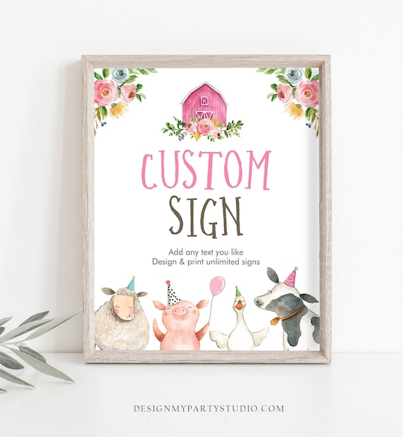 Editable Farm Animals Custom Sign Pink Barnyard Birthday Decor Girl Cow Pig Sheep Table Sign Party Animals Digital Template Printable 0155