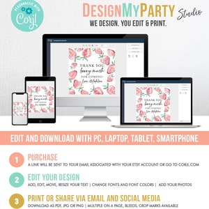 Pu&ograve; includere: Un modello di design digitale per un biglietto di ringraziamento con un'illustrazione ad acquerello di fragole e il testo "Grazie mille per essere venuto! Con affetto, Madeline". Il modello pu&ograve; essere modificato e scaricato con un computer, un laptop, un tablet o uno smartphone.