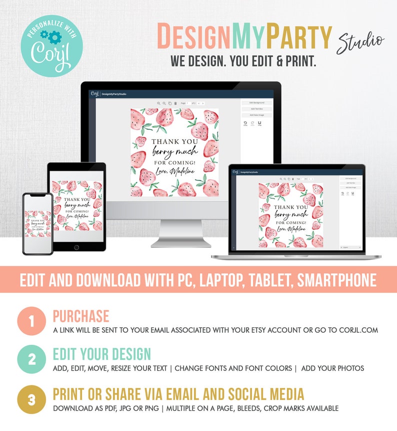 Pu&ograve; includere: Un modello di design digitale per un biglietto di ringraziamento con un'illustrazione ad acquerello di fragole e il testo "Grazie mille per essere venuto! Con affetto, Madeline". Il modello pu&ograve; essere modificato e scaricato con un computer, un laptop, un tablet o uno smartphone.