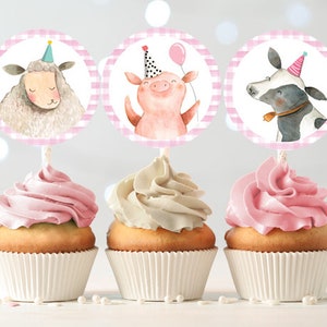 Barnyard Birthday Cupcake Toppers Favor Tags Farm Birthday Party Decoration Girl Farm Animals Pink Stickers download Digital PRINTABLE 0155