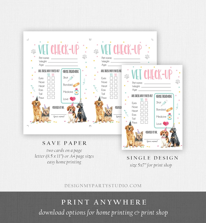 Vet Check Up Exam Sheet Pet Check-Up Dog Birthday Party Puppy Party Hospital Puppy Adoption Adopt a Pet Girl Pink Download Printable 0384 image 2