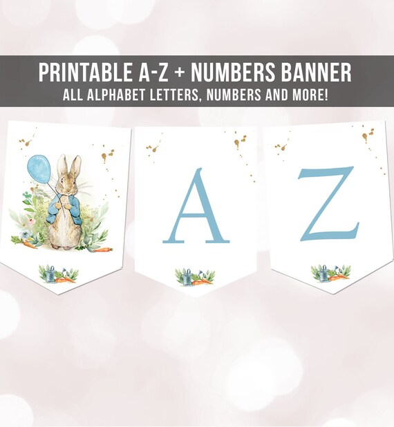 Peter Rabbit Birthday Banner A-Z Alphabet Numbers Banner First Happy Birthday Banner Boy Blue Bunny Gold Party Animals Decor Printable 0351 Il_570xn