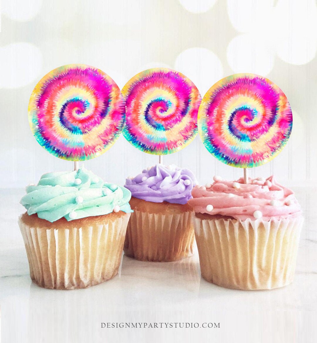 Tie Dye Cupcake Toppers Favor Tags Tie Dye Birthday Party Etsy