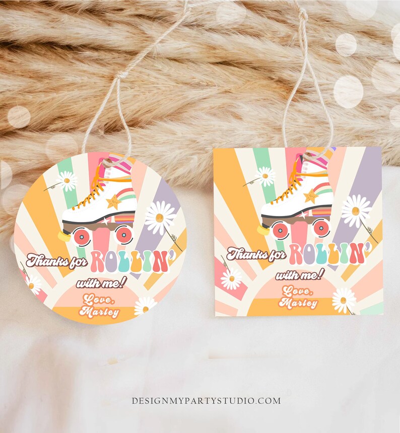 May include: Two round and rectangular thank you tags with a retro 70s design. The tags feature a white roller skate with rainbow accents and a daisy design. The text on the tags reads "Thanks for rollin' with me! Love, Marley".