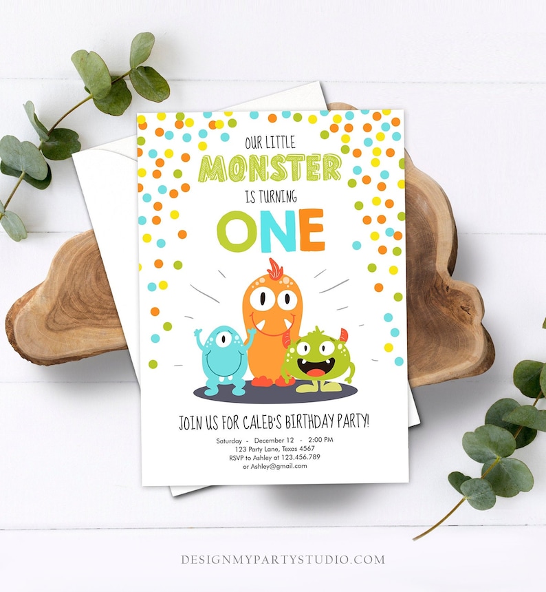 Editable Little Monster Birthday Invitation First Birthday Party Monsters Boy Confetti 1st Orange Blue One Printable Corjl Template 0058 image 1