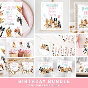 Dog Birthday Invitation Bundle Dogs Puppy Party Invite Birthday Come Sit Stay Girl 1st Birthday Digital Download Template Printable 0384