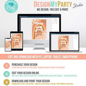 May include: A digital design displayed on a smartphone, tablet, laptop, and desktop computer. The design features a retro rainbow, daisies, and the text "Marley, Tw groovy." The image also includes the text "Design My Party Studio."