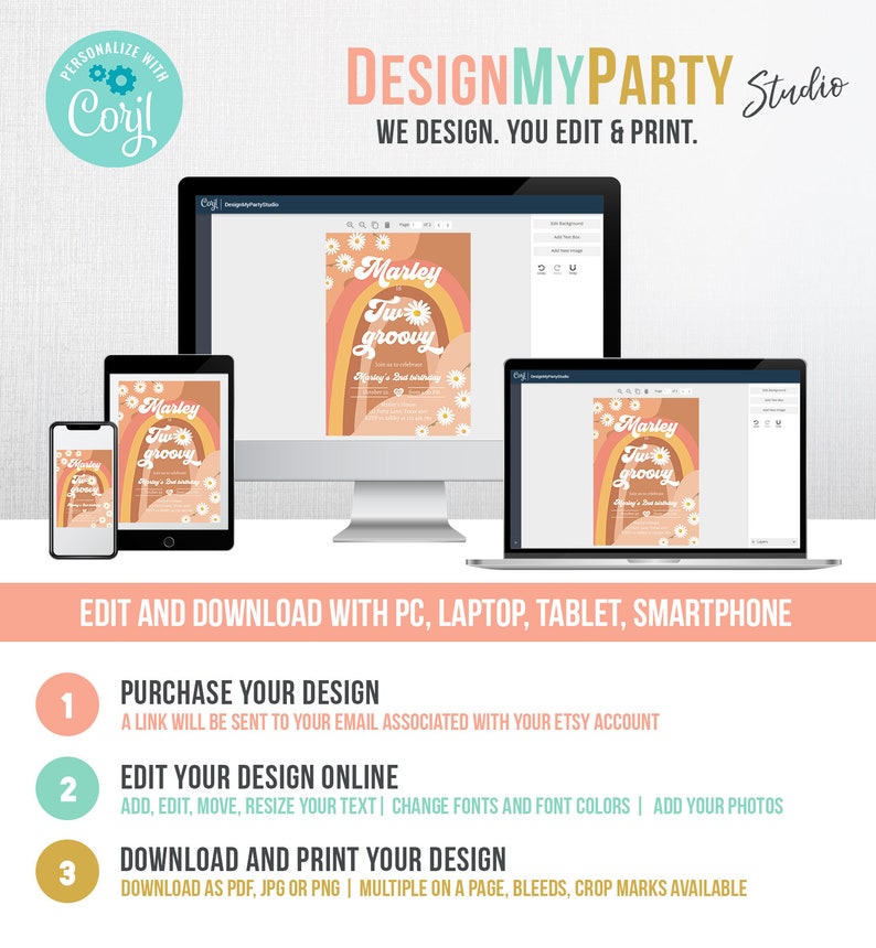 May include: A digital design displayed on a smartphone, tablet, laptop, and desktop computer. The design features a retro rainbow, daisies, and the text "Marley, Tw groovy." The image also includes the text "Design My Party Studio."