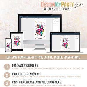 May include: A digital design template for a Valentine's Day card featuring a colourful diamond with the text "Hey Valentine! You're a Gem!" and "Happy Valentine's Day!" The design is shown on a computer screen, tablet, and smartphone.
