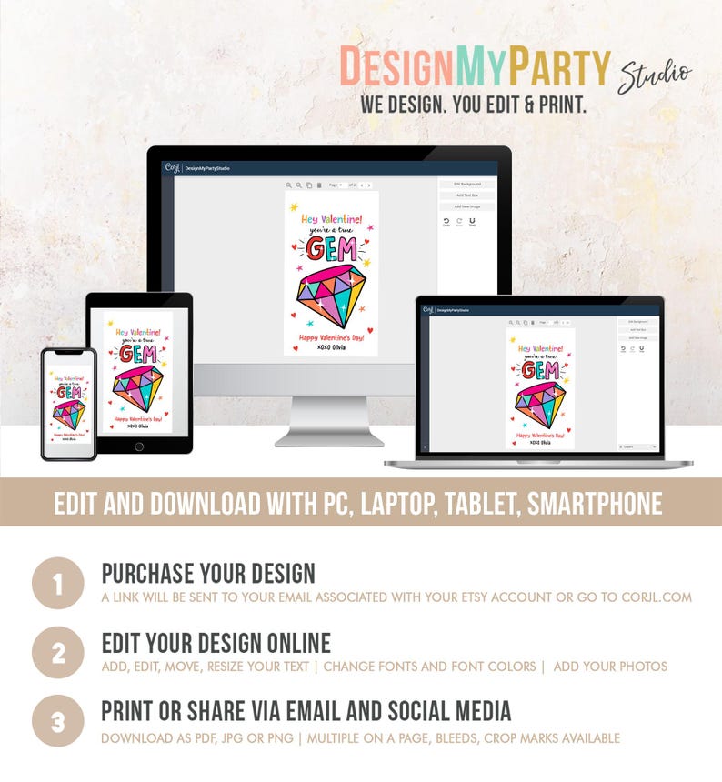 May include: A digital design template for a Valentine's Day card featuring a colourful diamond with the text "Hey Valentine! You're a Gem!" and "Happy Valentine's Day!" The design is shown on a computer screen, tablet, and smartphone.