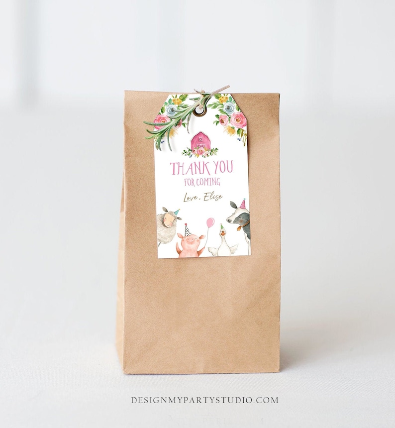Editable Farm Animals Favor Tag Pink Farm Girl Birthday Thank You Tag Pink Barn Party Animals Gift Tag Download Corjl Template Printable 0155