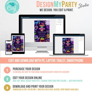 May include: A digital design for a Halloween party invitation, displayed on various devices including a computer monitor, tablet, and smartphone. The invitation features neon-style graphics and the text "LIGHTS OUT FRIGHTS OUT". The image also includes instructions for editing and downloading the design.