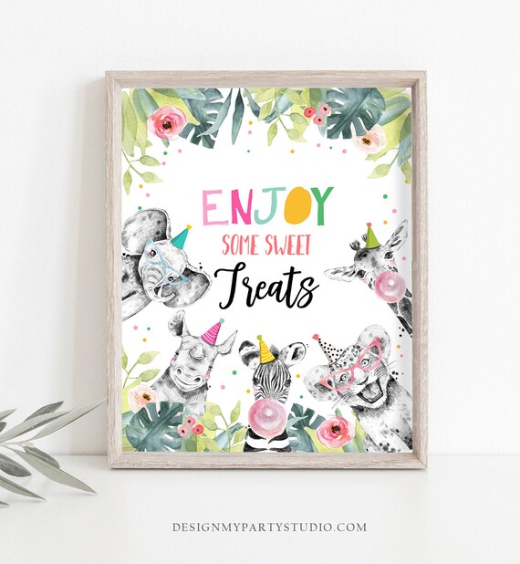 Enjoy Some Sweet Treats Birthday Sign Party Food Table Bar Snacks Safari Animals Party Animals Zoo Girl Pink Decor Download Printable 0322 Il_570xn