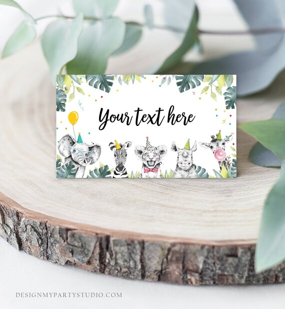 Editable Party Animals Food Labels Wild One Boy Blue Jungle Safari Animals Birthday Place Card Tent Card Escort Card Corjl Template 0322 Il_570xn
