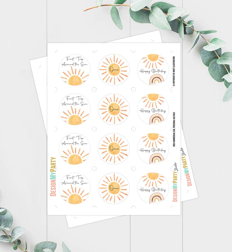 Sun Birthday Cupcake Toppers First Trip Around the Sun Favor Tags Sunshine Party Little Sunshine Decor 1st Download Digital PRINTABLE 0431 image 3