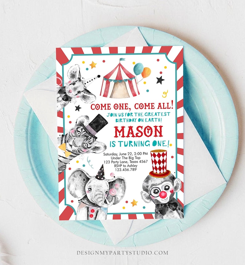 Editable Circus Birthday Invitation Party Animals Circus Invitation Carnival Invite Instant Download Printable Template Digital Corjl 0355 image 1