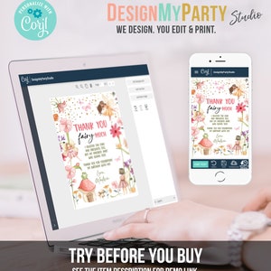 May include: A digital design template for a thank you card featuring a fairy with pink wings and a flower crown. The card has a gold glitter background and the text "Thank You Fairy Much".