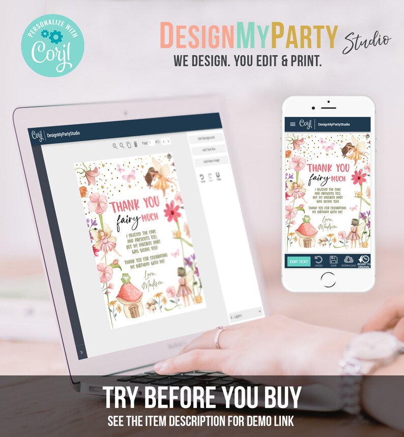 May include: A digital design template for a thank you card featuring a fairy with pink wings and a flower crown. The card has a gold glitter background and the text "Thank You Fairy Much".