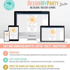 Op de afbeelding: Een digitaal ontwerptemplate voor een bedankkaart met een zonafbeelding en de tekst "Bedankt voor het maken van mijn feestje zo helder. Liefs, Jessica". De template wordt weergegeven op een computerscherm, een laptop, een tablet en een smartphone. De tekst "DesignMyParty Studio" staat bovenaan de afbeelding.