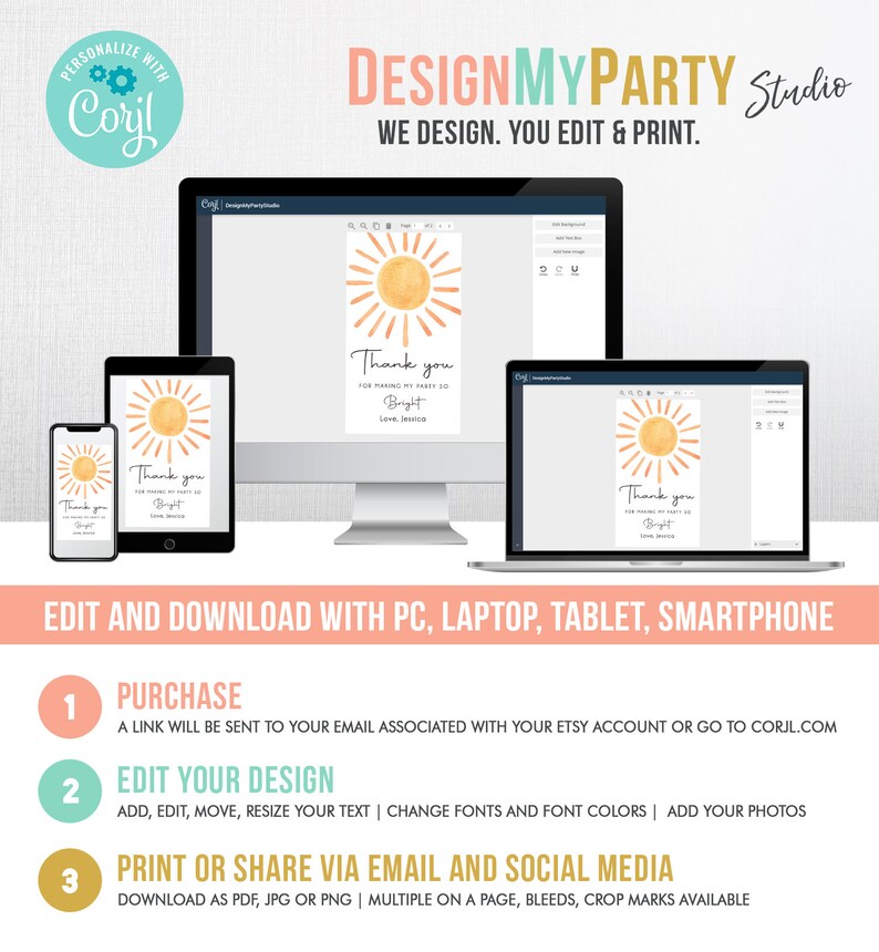Op de afbeelding: Een digitaal ontwerptemplate voor een bedankkaart met een zonafbeelding en de tekst "Bedankt voor het maken van mijn feestje zo helder. Liefs, Jessica". De template wordt weergegeven op een computerscherm, een laptop, een tablet en een smartphone. De tekst "DesignMyParty Studio" staat bovenaan de afbeelding.