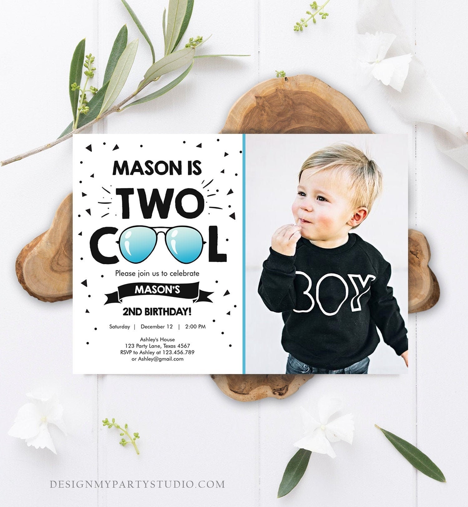 Bewerkbare twee coole verjaardagsuitnodiging jongen tweede verjaardagsfeestje 2e I'm this Many I'm Two Cool zonnebril digitale sjabloon afdrukbare 0136