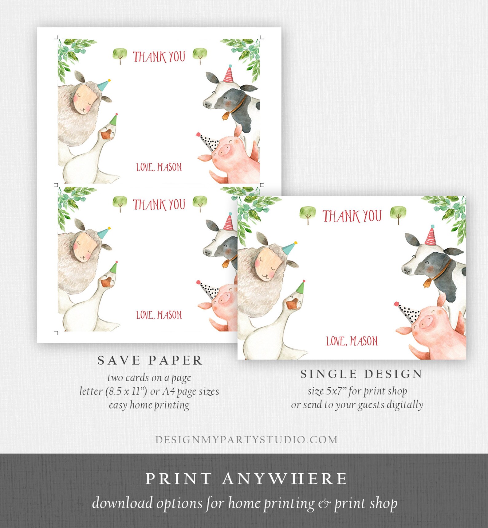 Editable Farm Animals Thank You Card Red Gingham Farm Birthday Boy ...