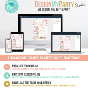 K&ouml;nnte beinhalten: Digitales Design f&uuml;r eine Muttertags-Teeparty-Einladung, dargestellt auf verschiedenen Ger&auml;ten. Das Design zeigt florale Elemente und Teetassen. Der Text lautet "Design My Party Studio". Bearbeiten und herunterladen.